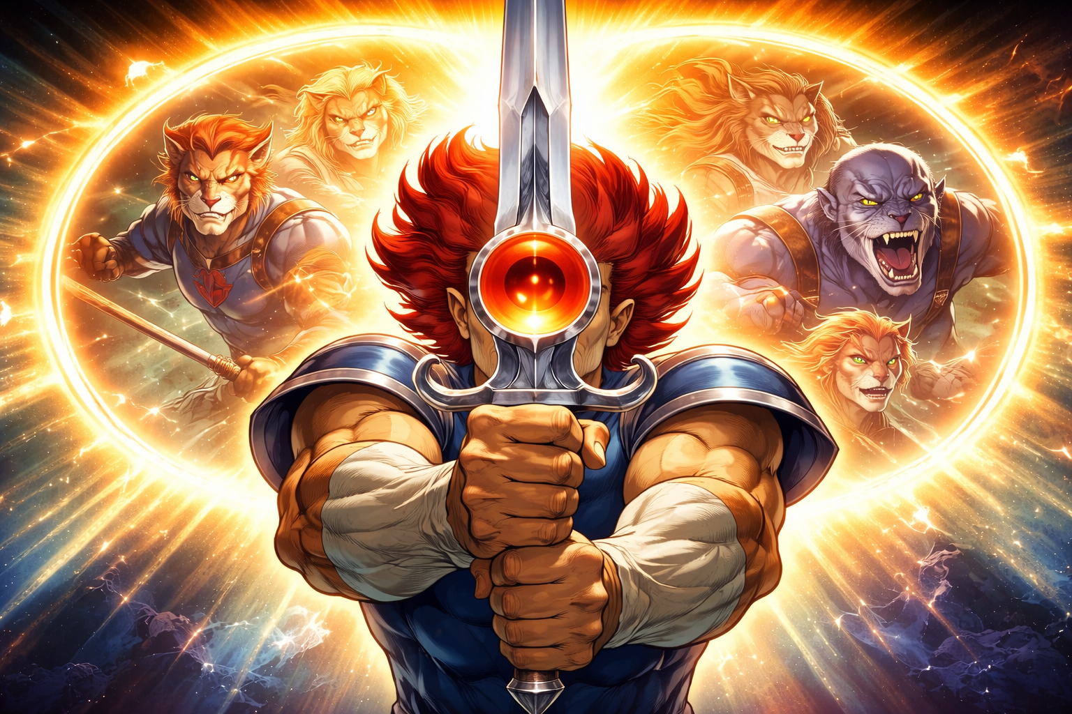 Lion-O sostiene la Espada del Augurio con el Ojo de Thundera iluminado en la empuñadura.