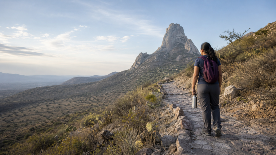 Visitante en el sendero autorizado de la Peña de Bernal, Querétaro