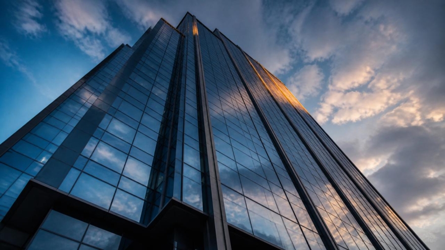 Edificio corporativo en contrapicado, activos inmobiliarios como garantía crediticia