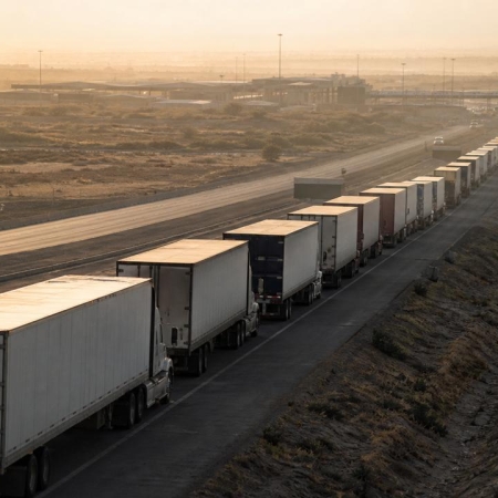 Fila de camiones de carga en una carretera al amanecer rumbo a un cruce fronterizo, en referencia a la relación comercial entre México y Estados Unidos.